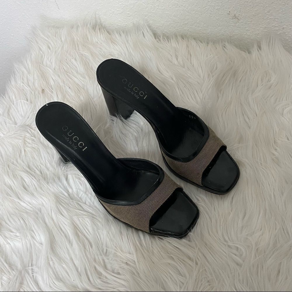 GUCCI leather trim taupe canvas open chunky heel mule 7.5 EUR 38 - Picture 3 of 13